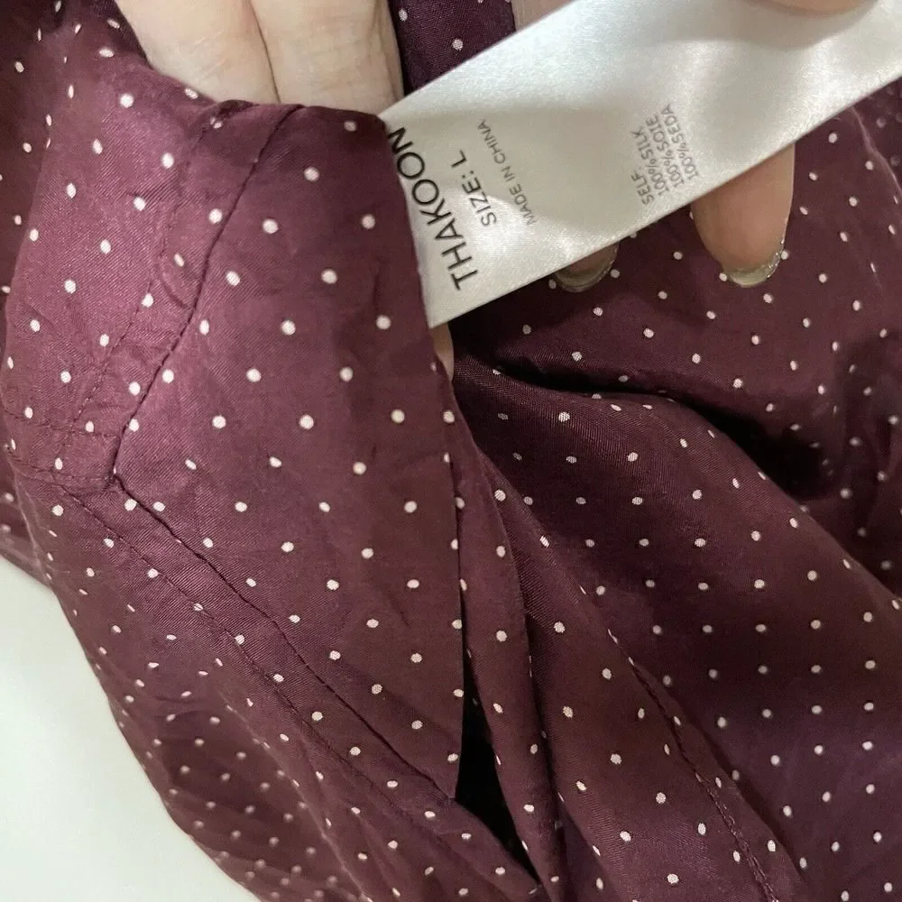 THAKOON maroon red dotted silk button down shirt dress size large